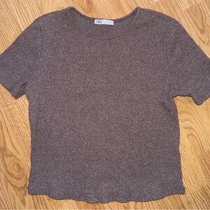 Zara Brown Ribbed Short Sleeve Top